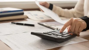 A small business owner reviews financial documents and accounting records at a desk, illustrating the choice between cash vs. accrual accounting methods.